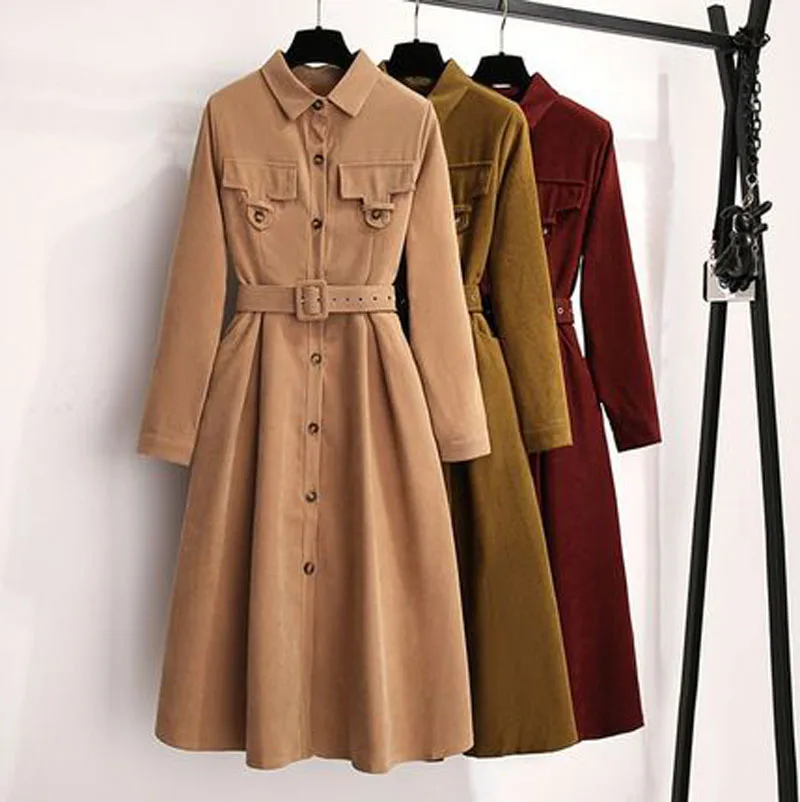 

Women Corduroy dress Long Sleeve Solid Slim A-line woemn Party Dress Fashion Ladies Single Breasted Casual Dress