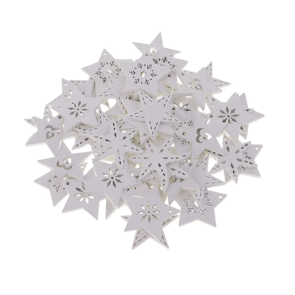 50pcs White Stars Wood Scrapbooking Crafts DIY Xmas Tree Hanging Decorations