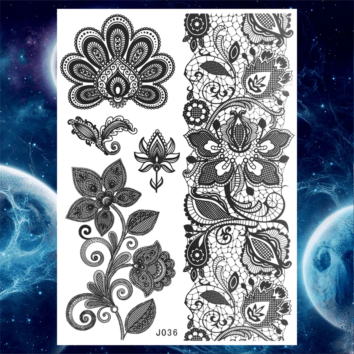 Tribal Henna Temporary Tattoos For Women Girls Adult Lace Black Mandala Tattoo Sticker Fake Flower Lotus Moon Tatoos Waterproof