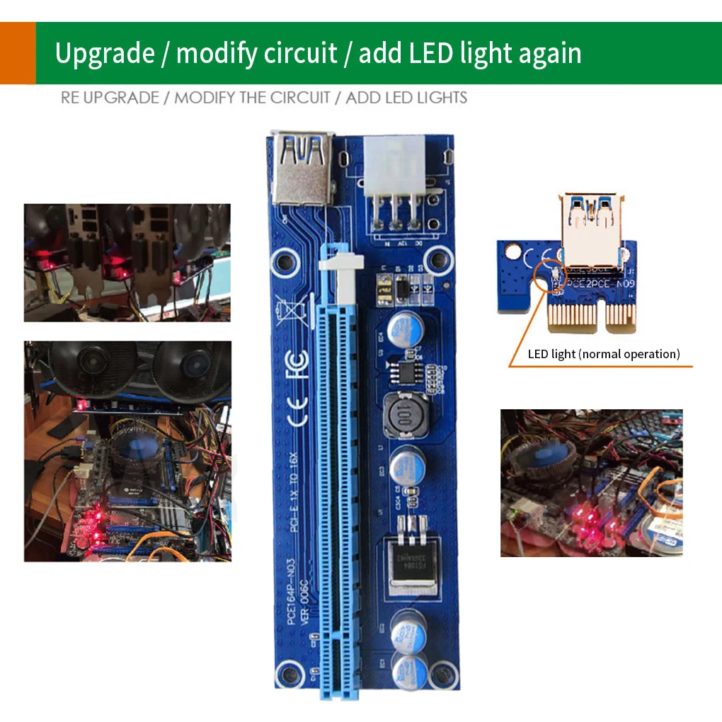 PCI-E Extender Card Mining Computer PCI-E 1x TO 16x Adapter with 6-pin & USB Interface, Blue, 30cm USB Cable
