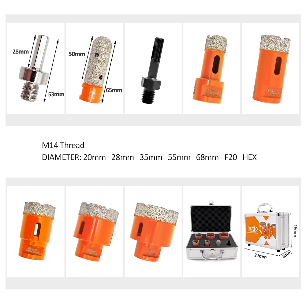 BGTEC 1set M14 20/28/35/55/68/F20/عرافة فراغ صنع من النحاس الماس لقم الأساسية مع ثقب صندوق رأى الجرانيت الرخام السيراميك فنجر بت