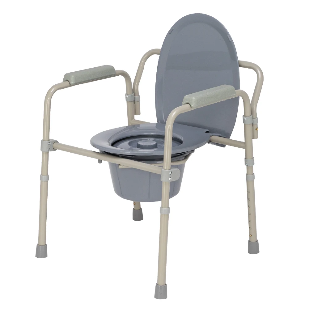 Iron Frame Folding Portable Toilet Seat Commode Height Adjustable Durable Easy to Clean Beige White In Stock