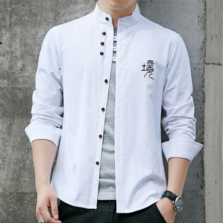 2022 Traditional Chinese Men Retro Casual Shirt Cotton Tops Male Stand Collar Solid Color Kung Fu Clothes Tunic Tang Suit