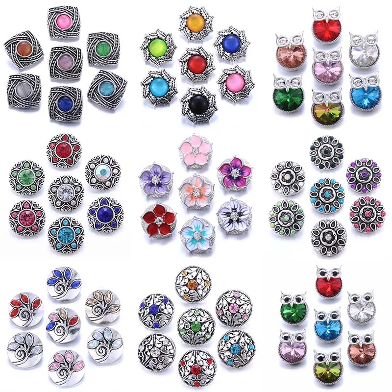 Boom Life 10pcs/lot Wholesale Snap Jewelry 18mm Snap Buttons Mix Rhinestone Metal Flower Snaps Buttons for Snap Bracelet Bangle