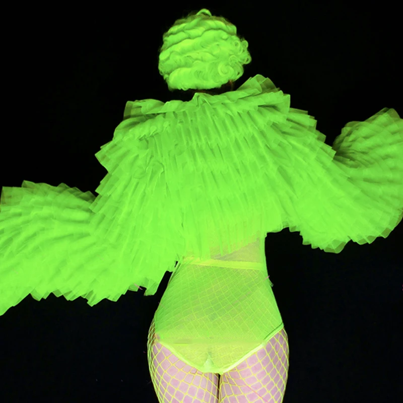 Fluoreszierender grüner Spitzen-Body Drag Queen Kostüme Retro Puffärmel Sexy Rave Outfit Nachtclub Gogo Tänzerin Kostüm DNV15155