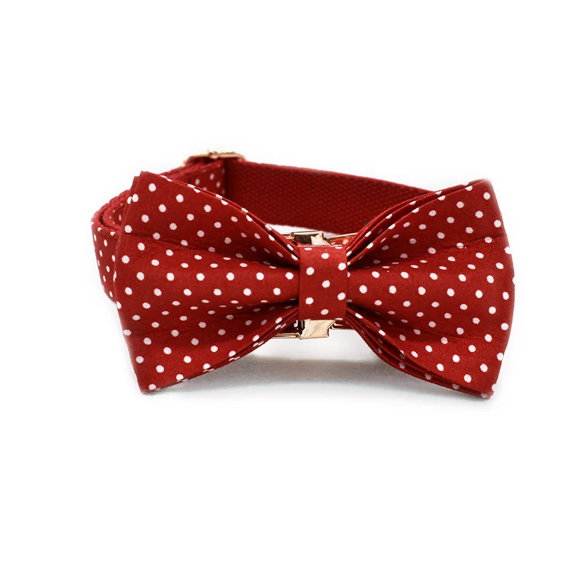 Dog Collar Leash Pet Supplies Accessories Classic Red Dot Bow Tie Lady Style Soft Comfortable Fabric Easy Quick Release Buckle