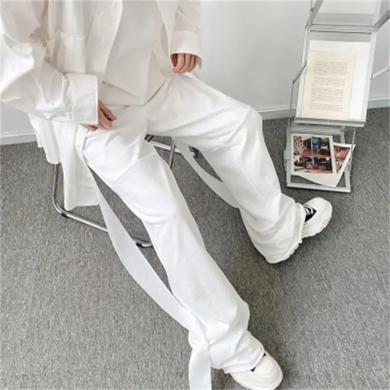 

Мужские костюмы, прямые брюки, весенне-осенний новый стиль, индивидуальное украшение из ленты, корейская мода, свободные большие брюки для отдыха