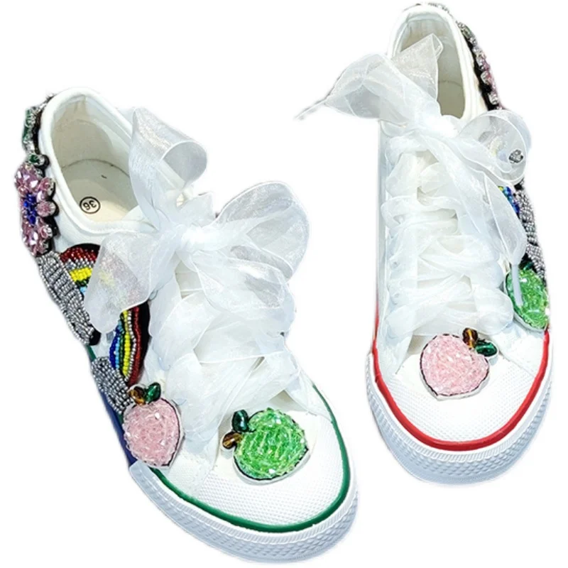 Handmade Fashion 2021 Spring Rainbow Platform Women Sneakers Flower Crystal Wedding Flats Ribbon Rhinestones Casual Canvas Shoes