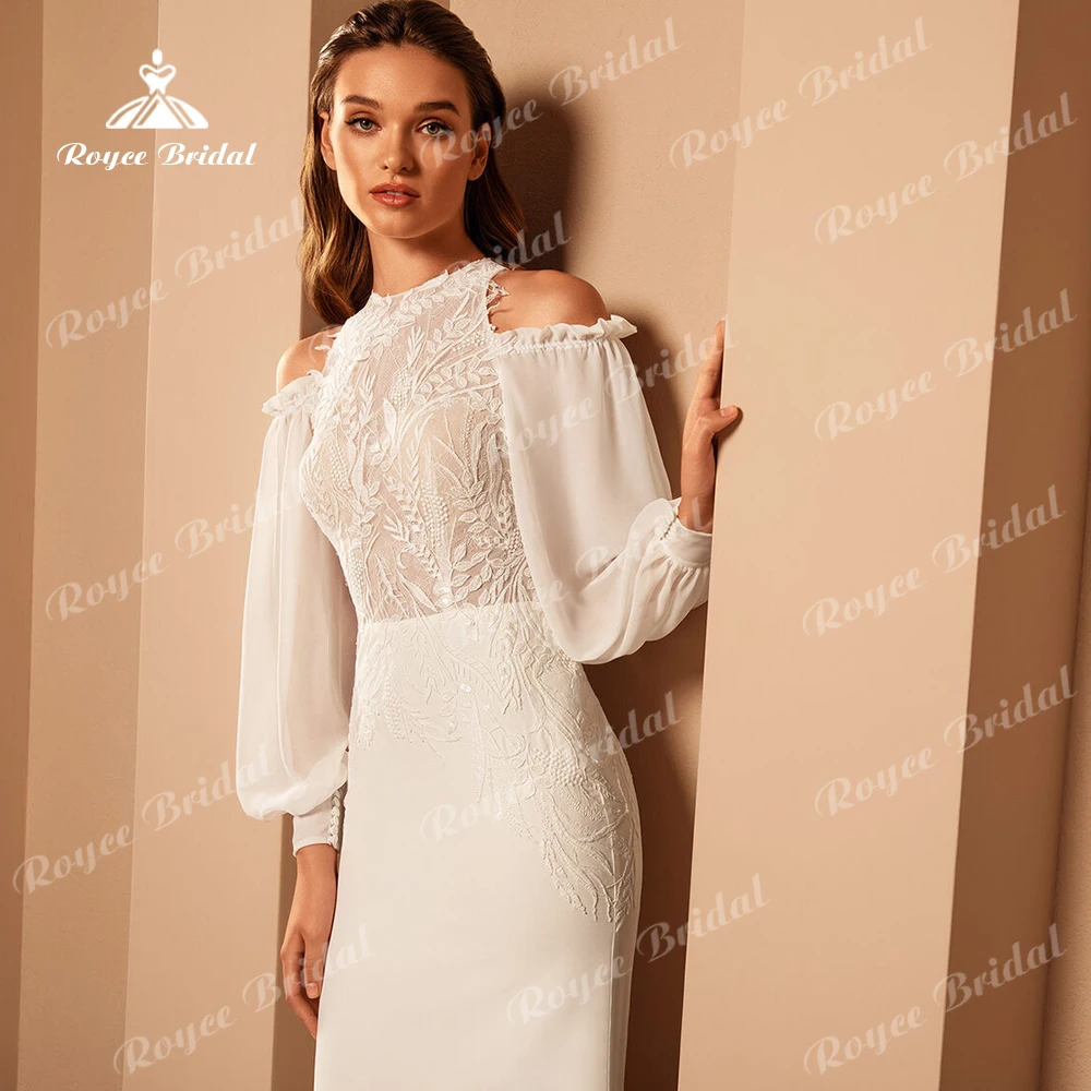 Elegante Meerjungfrau Hochzeit Kleider Für Frau Mit Langen Ärmeln High Neck Brautkleid Sweep Zug Robe Mariee Roycebridal