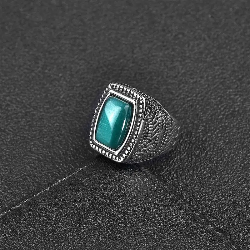 2021 New Fashion Men Ring Green Stone Stainless Steel Charm Punk Hiphop Finger Rings Male Charm Jewelry Accessories Wholesale