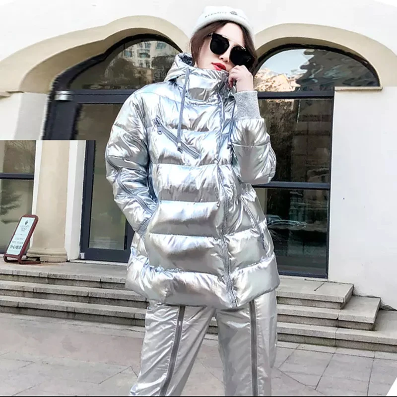 

New Winter Down Jacket Hooded Parka Glossy Silver Cotton Coat Women Long Sleeves Zipper Warm Outerwear Female New Collection Hot
