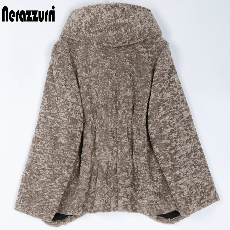 Nerazzurri Winter Soft Warm Faux Fur Coat Women with Hood Raglan Sleeve Double Breasted Karakul Lamb Fur Jacket Women 2021 7xl