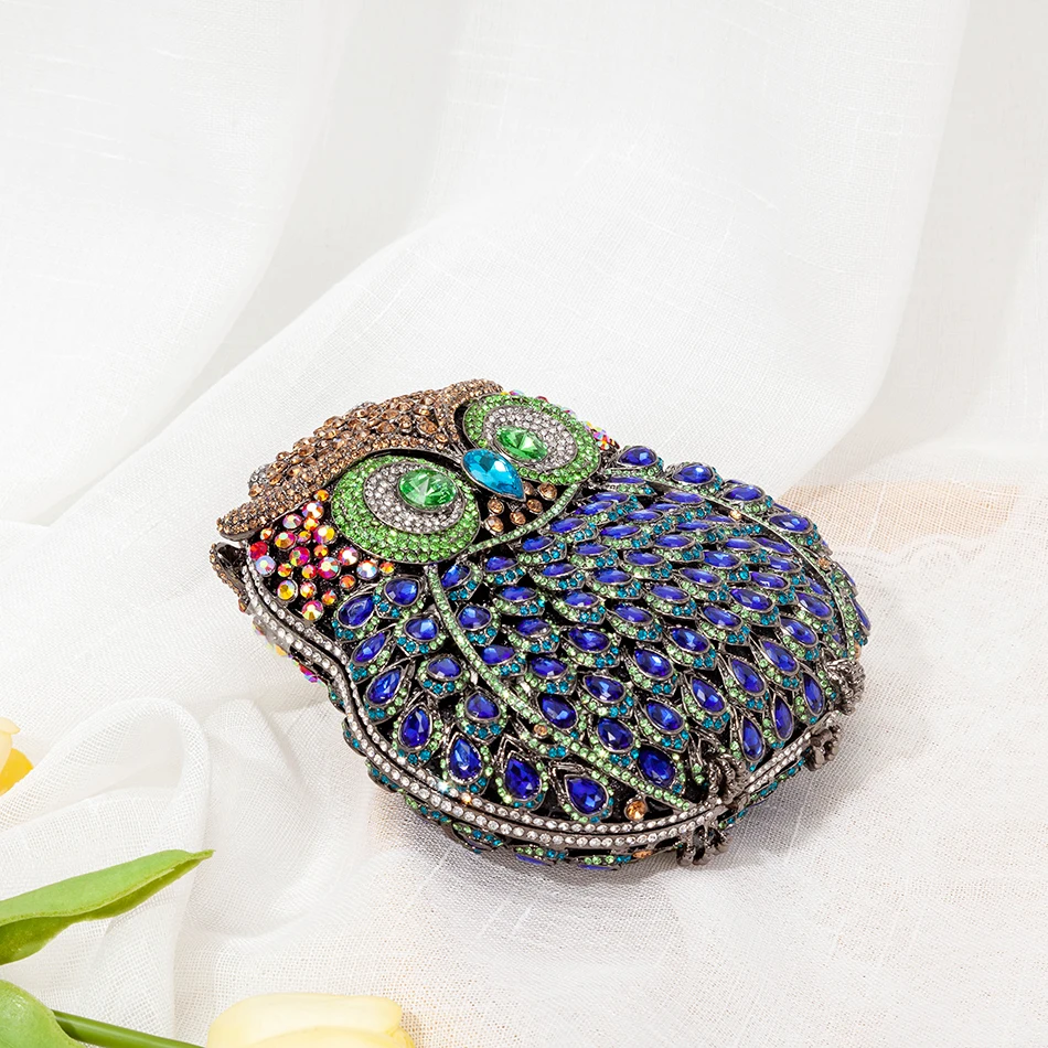 Owl Shaped Crystal Evening Clutch Bag Women New Luxury Designer Chic Novelty Blue Rhinestone Metal Purse And Handbag Personality