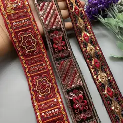 2 Yards Sequin Lace Trims Floral Webbing Ribbon Clothing Decorative Embroidered for Bridal Lace DIY Sewing Material for Dress
