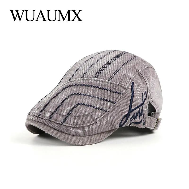 NEW Spring Men\'s Beret Hats Striped Flat Peaked Cap Women Washed Denim Herringbone Cap Visors Adjustable gorras hombre