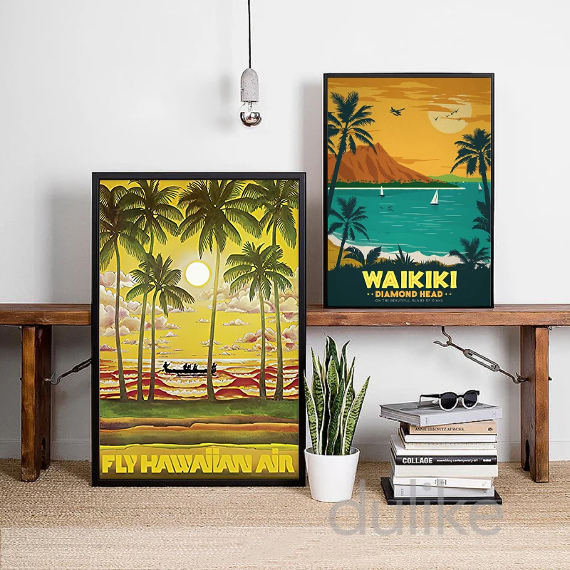 Vintage Hawaiian Air Travel Poster Canvas Painting Traveler Gift Hawaii Waikiki Diamond Head Landscape Print Home Wall Art Decor