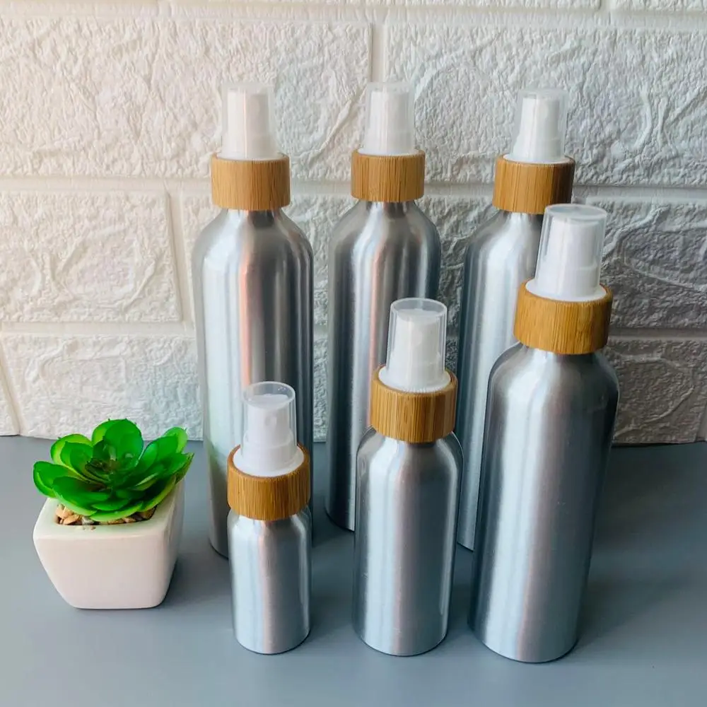 

spray bottle 30ml 50ml 100ml 120ml bamboo container Aluminium Spray Bottle Bamboo Lid bamboo cosmetic packaging