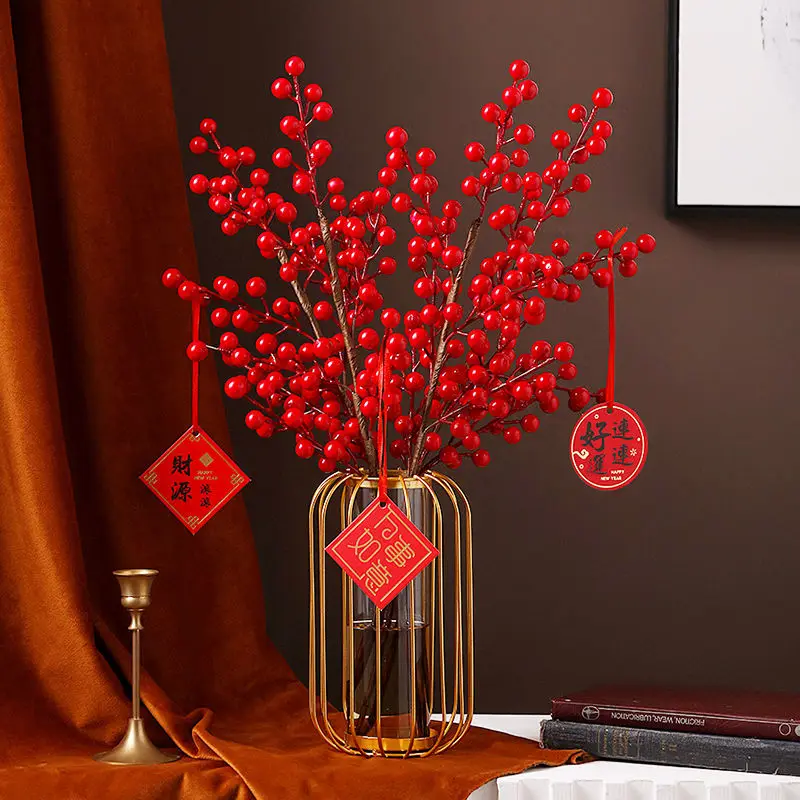 Chinese Metal Frame Glass Vase Red Fortune Fruit New Year Gifts Home Livingroom Ornaments Crafts Cafe Office Furnishing Decor