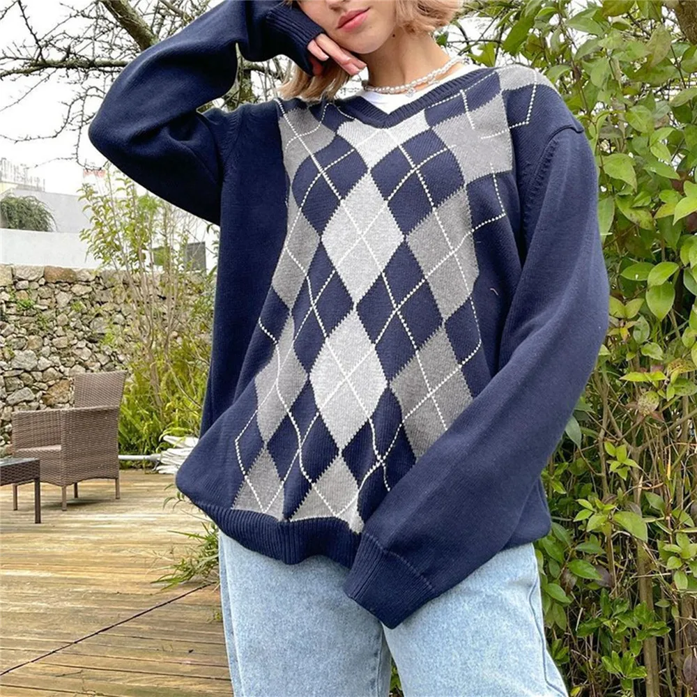 Fashion Autumn Women Pullover Plaid Sweater Long Sleeve Preppy Oversized Knitwear Vintage Casual Tops Outwear Clothes