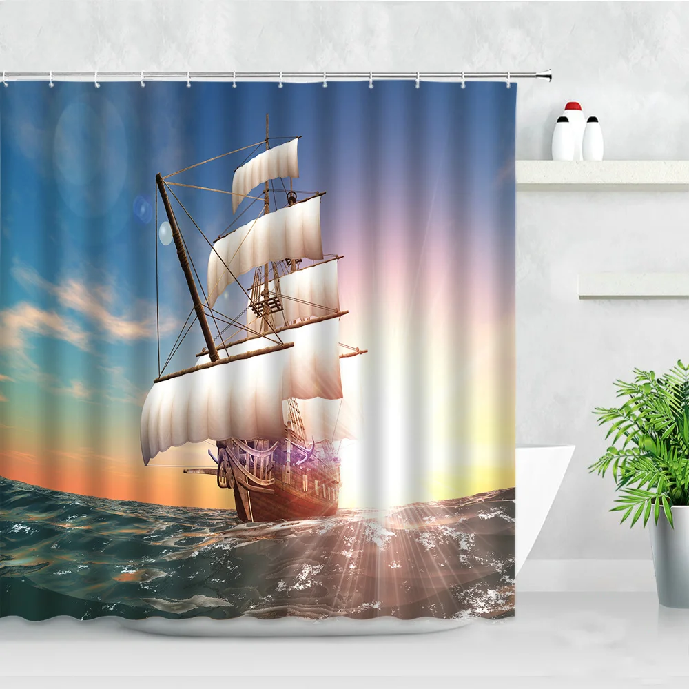 Modern Simplicity Waterproof Fabric Shower Curtains Sunset Sailing Boat Reef Bird Ocean Scenery 3D Print Bathroom Decor Curtain