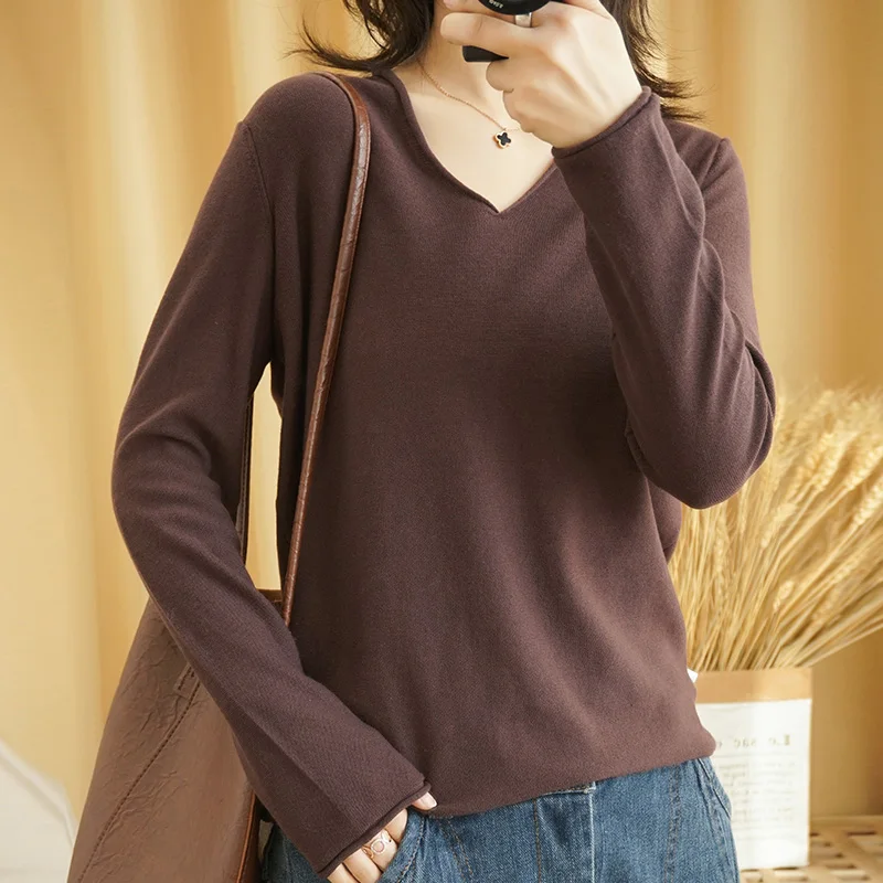 2023 long-sleeved knit sweater pullover bottoming shirt Solid color spring summer cotton T-shirt V-neck blouse Slim women