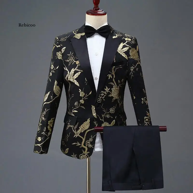 

New Design Mens Stylish Embroidery Royal Blue Green Red Floral Pattern Suits Stage Singer Wedding Groom Tuxedo Costume