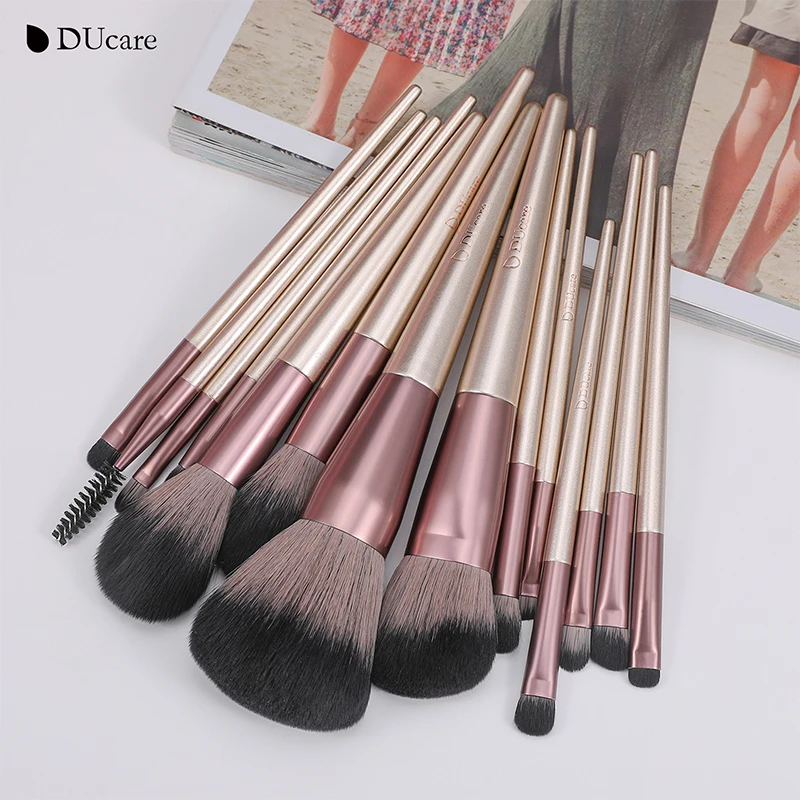 

Набор кистей для макияжа DUcare, 14 шт., косметические инструменты для глаз, высококачественные синтетические волосы, расческа для лица, теней, бровей, с сумкой для макияжа