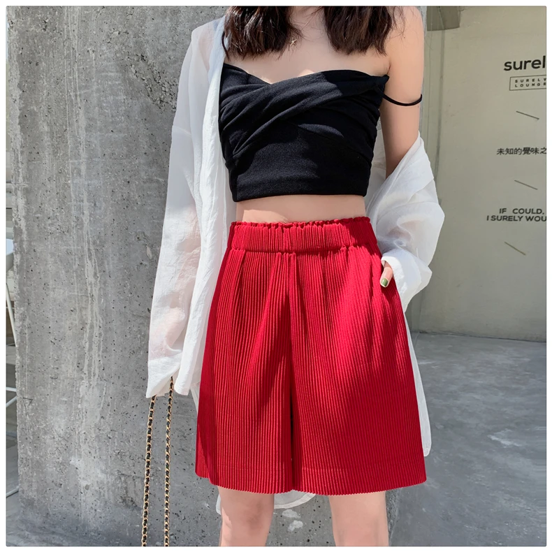 

Plus Size 4XL Wide Leg Pleated Shorts Women Green Elastic High Waist Summer Shorts New Fashion Loose Casual Short Girls Shorts