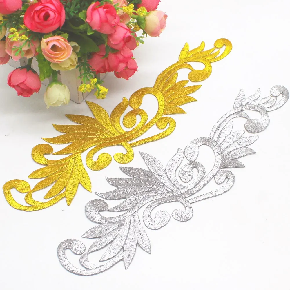 Gold Embroidered Patches Iron On Appliques Flower Diy Trims Metallic Gold And Silver 28*8cm