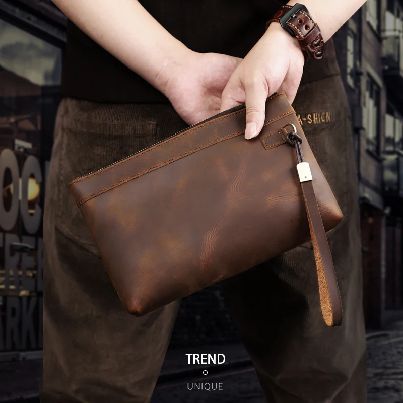 

Men Clutch Wallet Handmade Genuine Leather Credit Card Slot Money Bag Portable Organizer Ipad Holder Purse Business Handbag