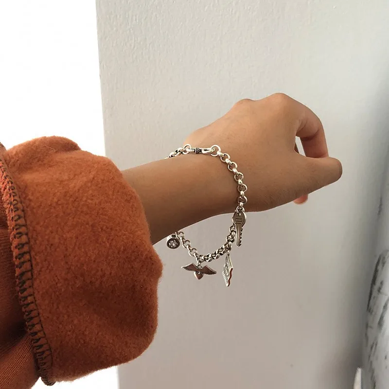 LIVVY Silver Color Lock Key Dollar Angel\'s Wings  Love Heart Bracelet Women Fashion Temperament Personality Retro Romantic Gift