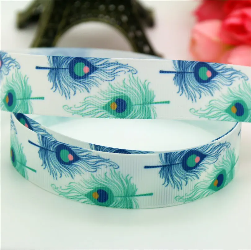 DHK 7/8'' 5yards peacock feather printed grosgrain Ribbon headwear hair bow diy party decoration OEM 22mm E1186