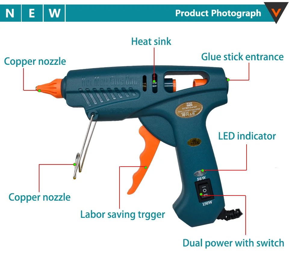 Pistolet à Colle Chaude 150W - Kit Avec Buse Bleue, Bouclier Thermique Et 10 Bâtons De Colle - Prise UK
