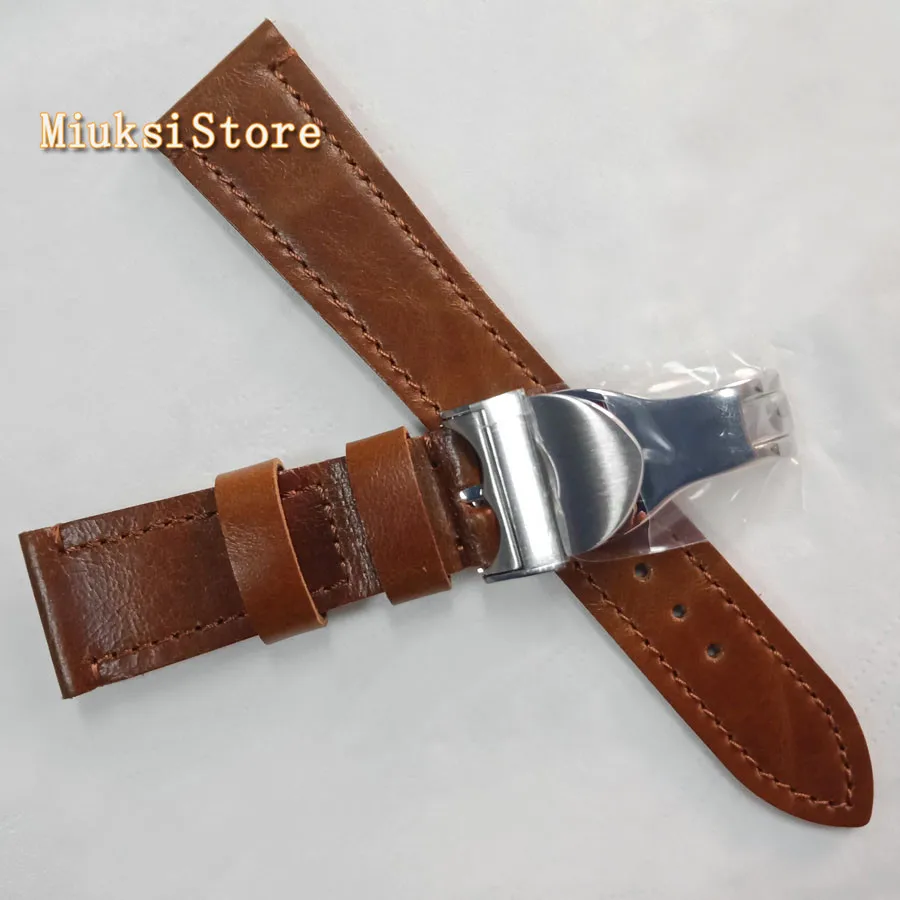 

22mm Sterile Brown Leather Wrist Watch Strap 316L Deployment steel Buckle