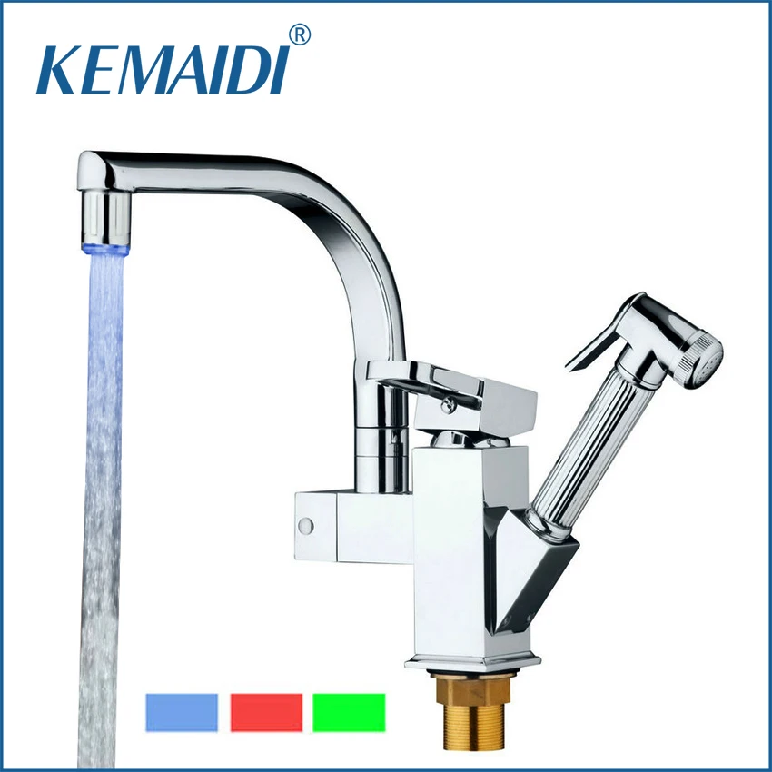 KEMAIDI Good Quality Concise Style Kitchen LED Light Mixer Single Holder Kitchen Faucet Polished Chromed Pull Out  Mixers Tap