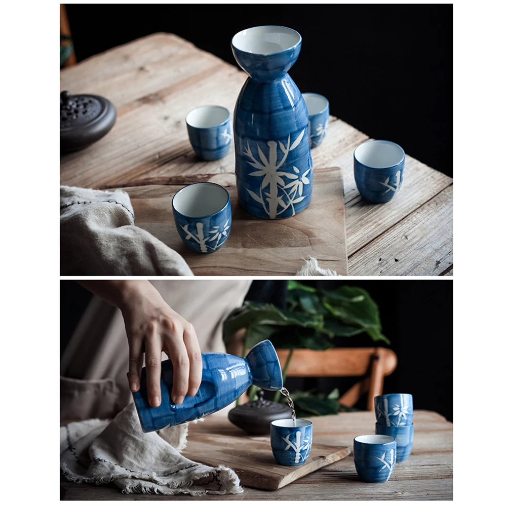 1Bottle 4 Cups Japanese Sake Set Plain Printed Handmade Porcelain Sake Cups Porcelain Wine Bottle Porcelain Bottle For Drinking