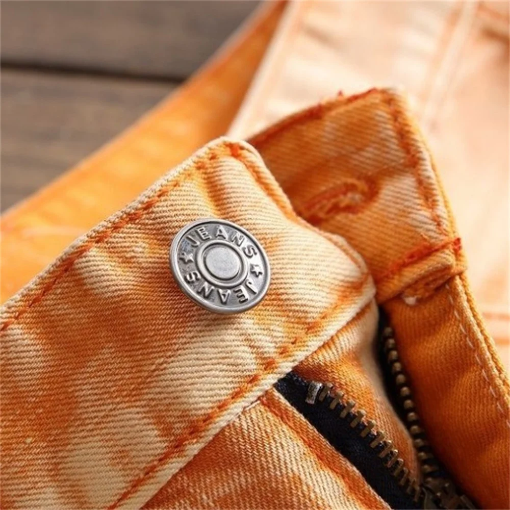 EH·MD® Pleated Hole Patch Jeans Men's Yellow Cotton Soft Small Straight High Street Personalized Slim Pants Motorcycle 2020 New