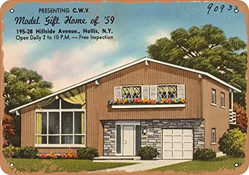 Metal Sign - New York Postcard - Presenting C.W.V. Model Gift Home of '59. 195-28 Hillside Avenue, HOL - Vintage Rusty Look Wal