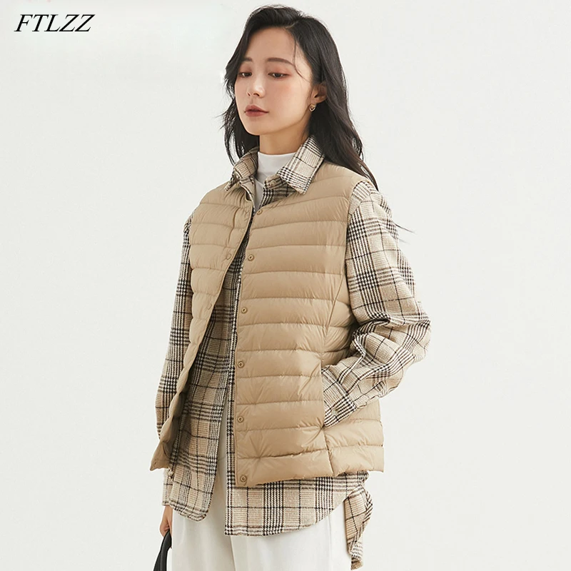 FTLZZ invierno Ultra luz Chaleco Corto las mujeres chaqueta de pato blanco abajo cálido sin mangas capa sólida rutina Slim Underwaist de prendas de