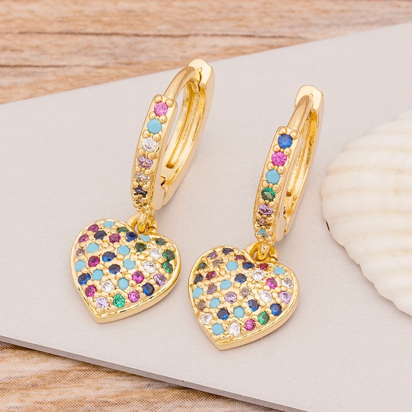 Nidin nouvelle mode classique coeur croix oeil forme boucles d'oreilles multicolore cuivre CZ pierres fête bijoux cadeau pour femmes filles