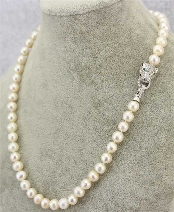 HABITOO Classic Natural 8-9mm White Heavy Surface AA Freshwater Pearl Necklace 20 Inch Silver Leopard Head Clasp Fashion Jewelry