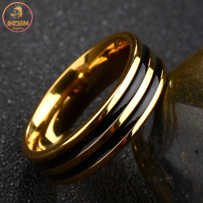 Akizoom Punk Men 6mm Vintage Stainless Steel Two Black Line Rings For Women Charm Never Fade Jewelry Party Gift Anillos