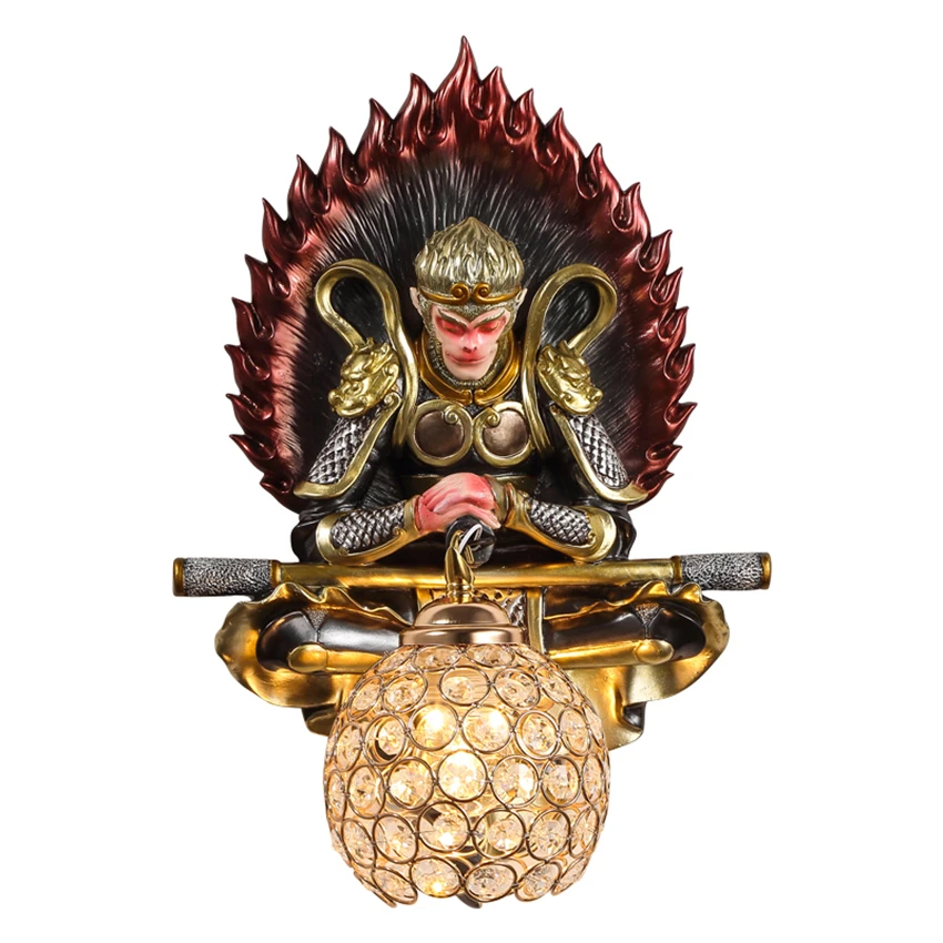 Resin Sun Wukong crystal wall lamps living room bedroom aisle wall hanging Zen Chinese study decoration sconces lights fixtures