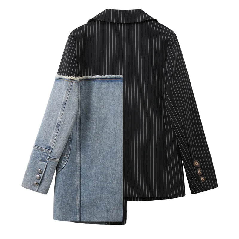 Streetwear Women Stripe Blazers Coat Denim Patchwork Single Breasted Suit Coat Lady Asymmetry Stylish Blazer Jacket High quality