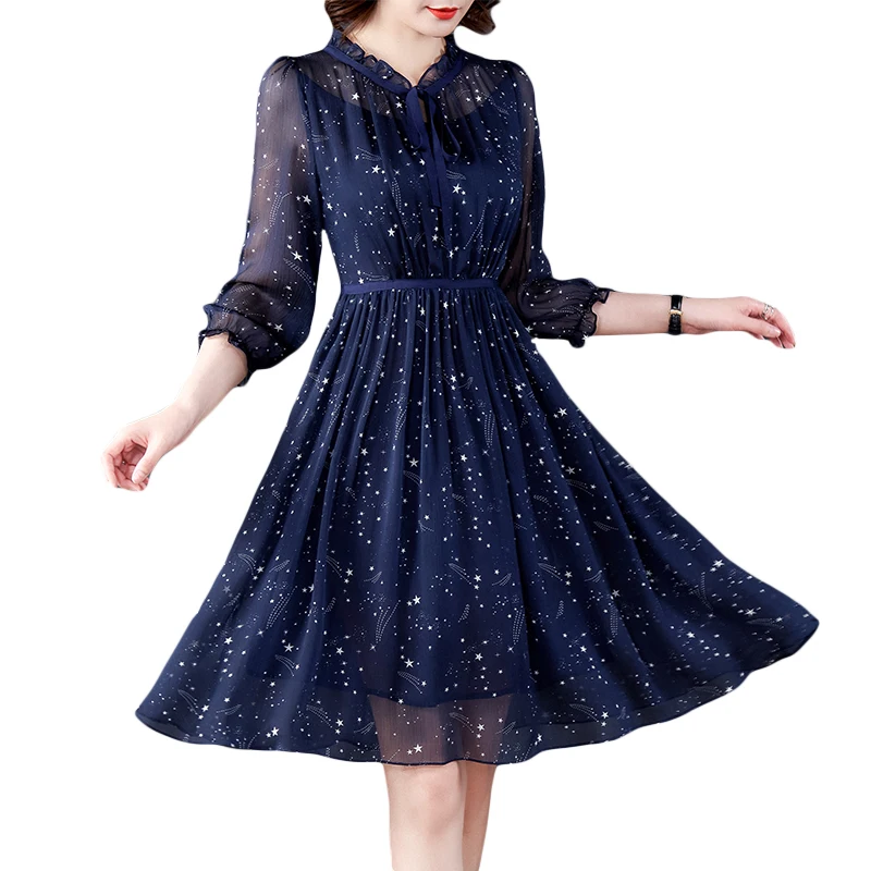 LUKAXSIKAX 2023 New Spring Summer Women Elegant Slim Dress Korean Fashion Starry Sky Floral Navy Blue Chiffon Dress