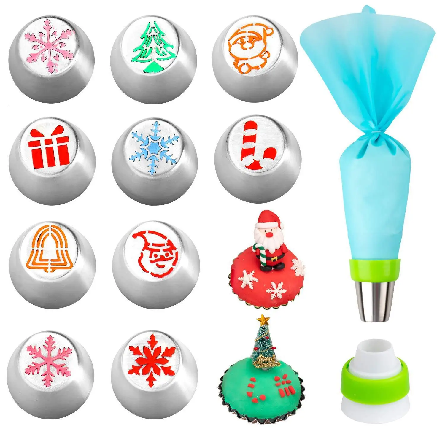 12pcs Christmas Baking Nozzle Set Stainless Steel Pastry Cookie Cream Icing Piping Tips Nozzle Fondant Cake Decorating Tools
