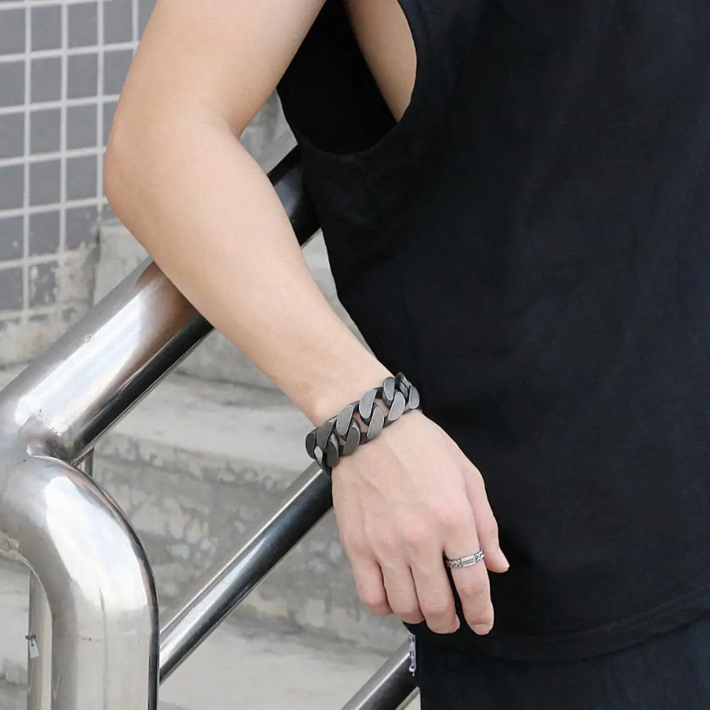 25mm Masculine Ancient Black Heavy Bracelet MenStainless Steel Mens Bracelets With Belt Buckle His Metal Manly Wrist
