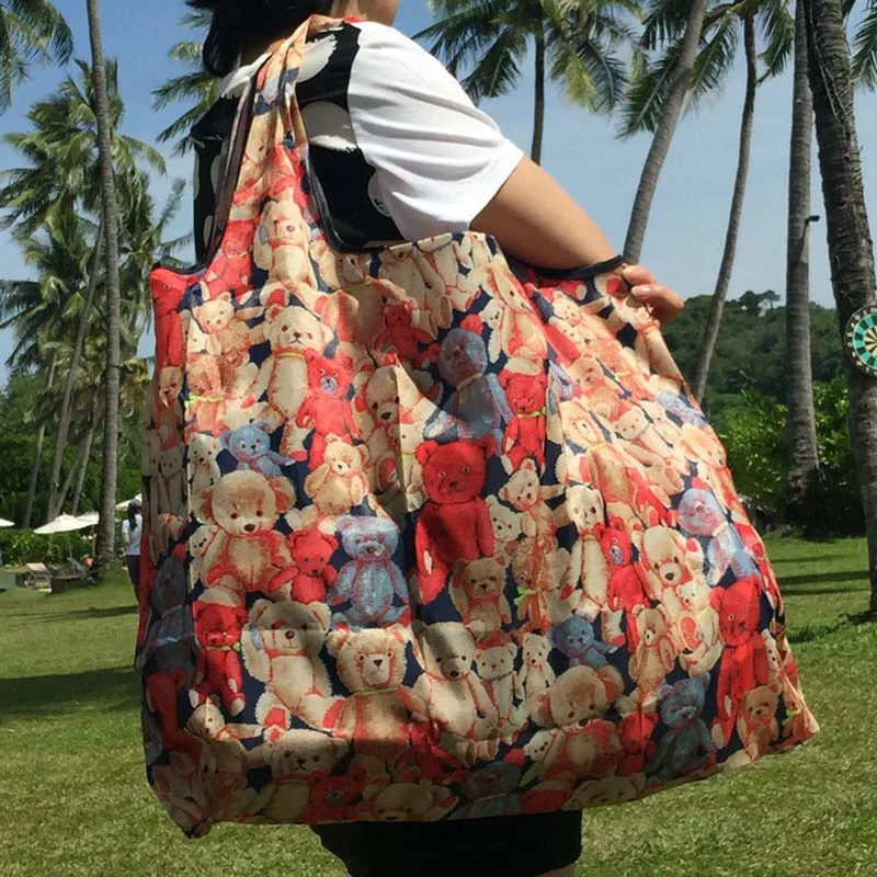 Newest Tote Foldable Colors ECO Reusable Polyester Portable Shoulder Handbag Cool Leopard Grain Green Folding Pouch Shopping Bag