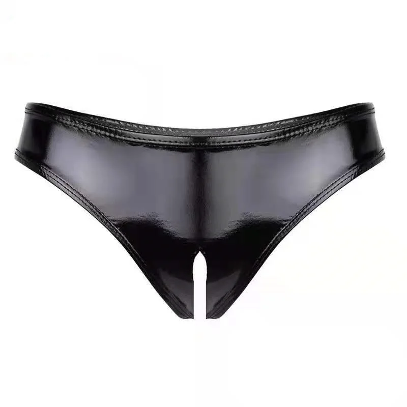 Mini calças quentes de látex para mulheres, sexy abertura Virilha, shorts de couro para sexo, erótico, abaixo da roupa interior crotchless,