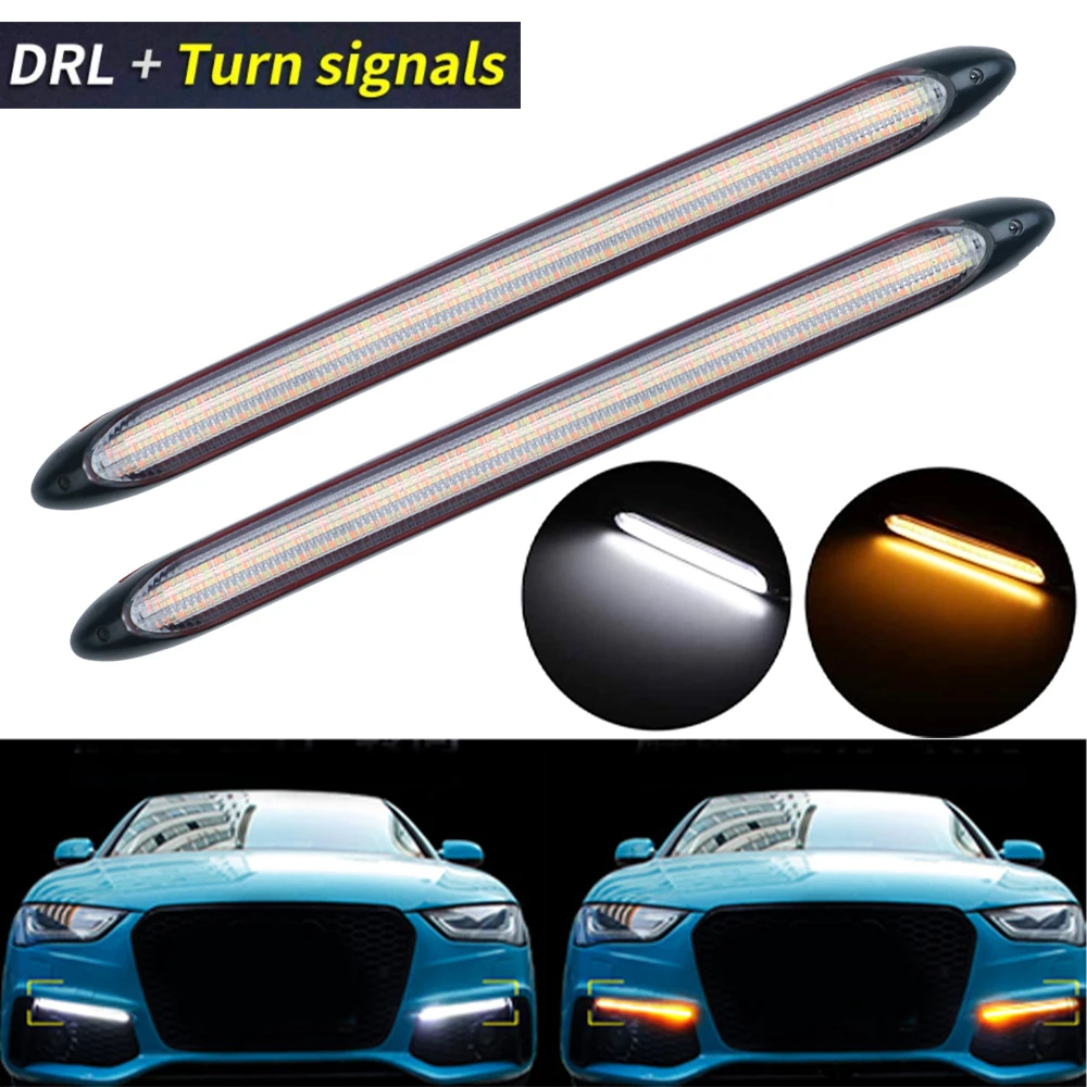 Car LED DRL Running Lights Strip Waterproof Exterior Detail Headlight For Car Sequential Yellow Turn Lighting Flow Day Lamps 12V